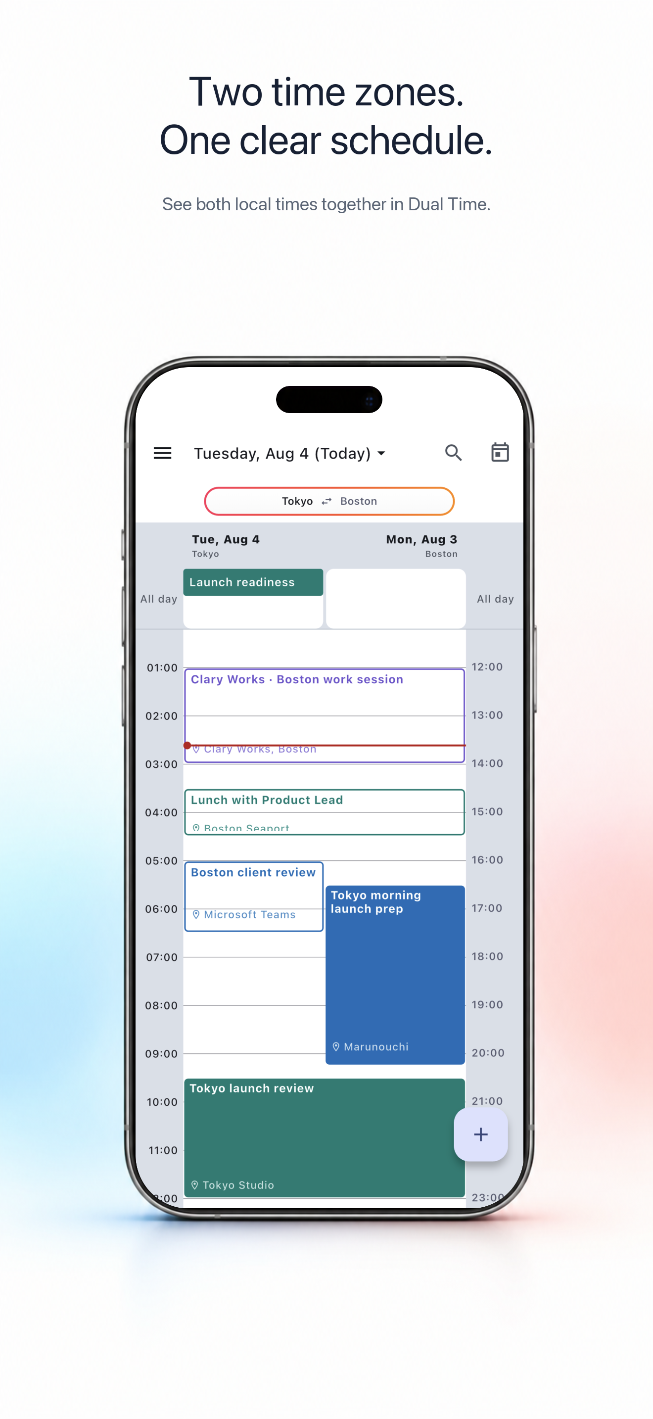 Dual Time compares Tokyo and Boston on one iPhone schedule