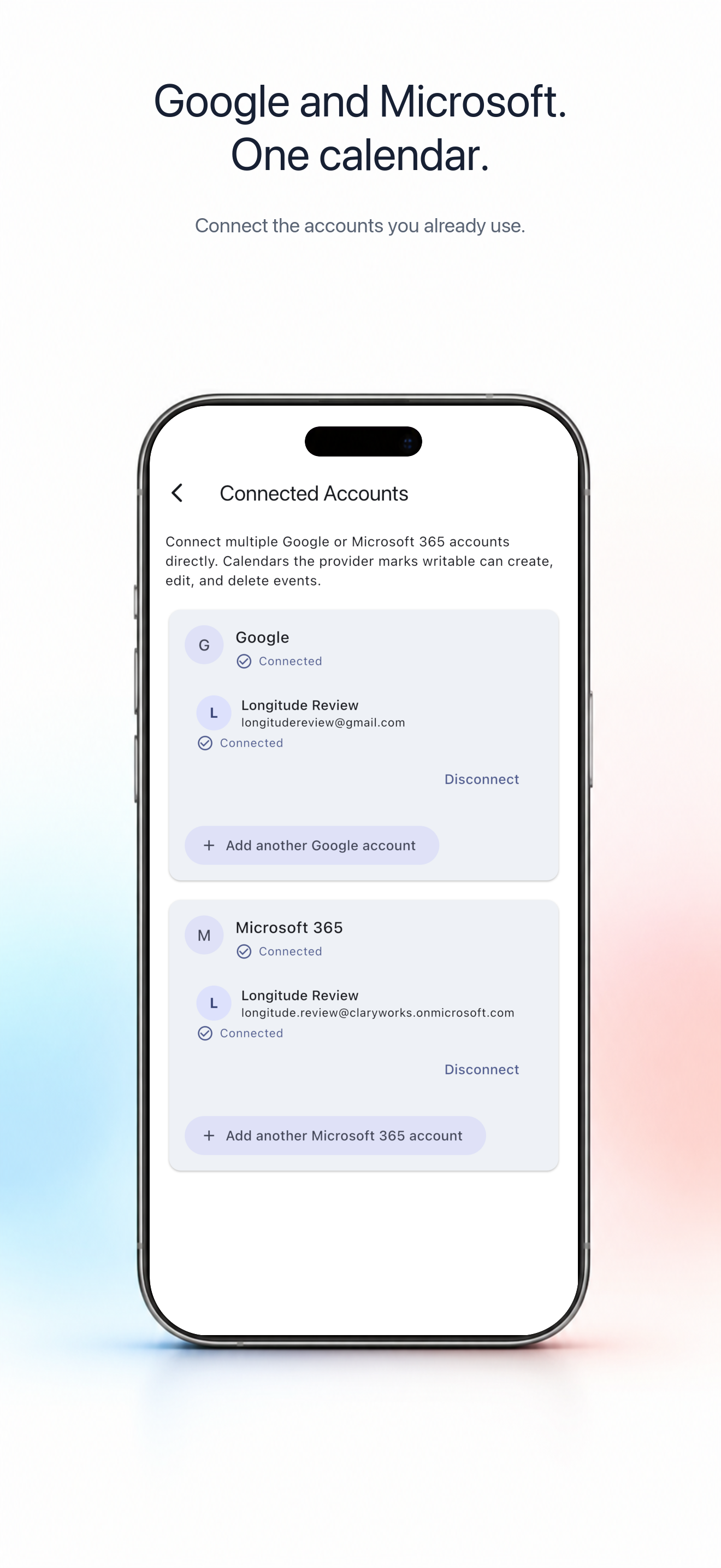 Google and Microsoft account connections on iPhone
