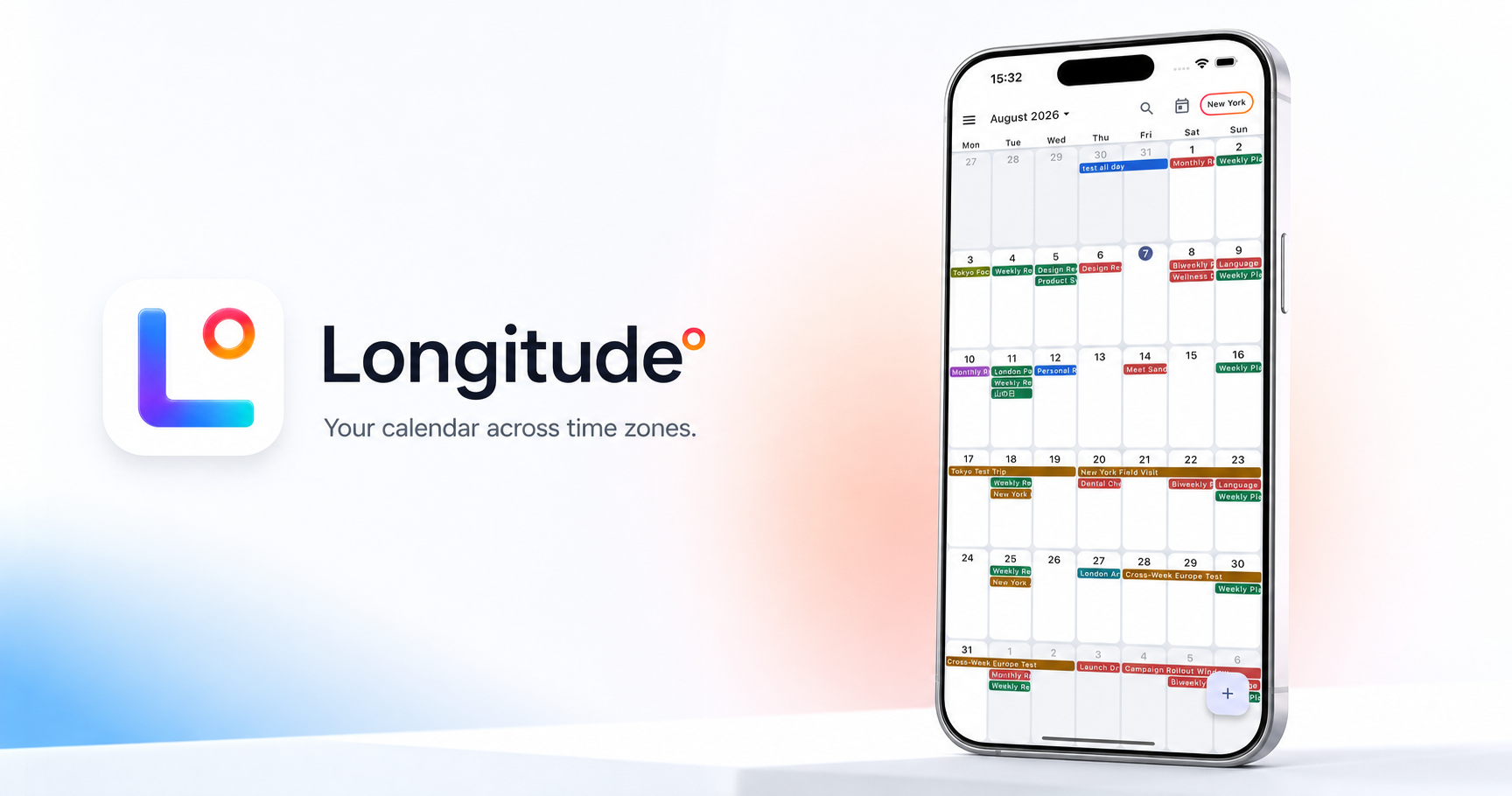 Longitude app icon, wordmark, and Month view on iPhone with the New York time zone button